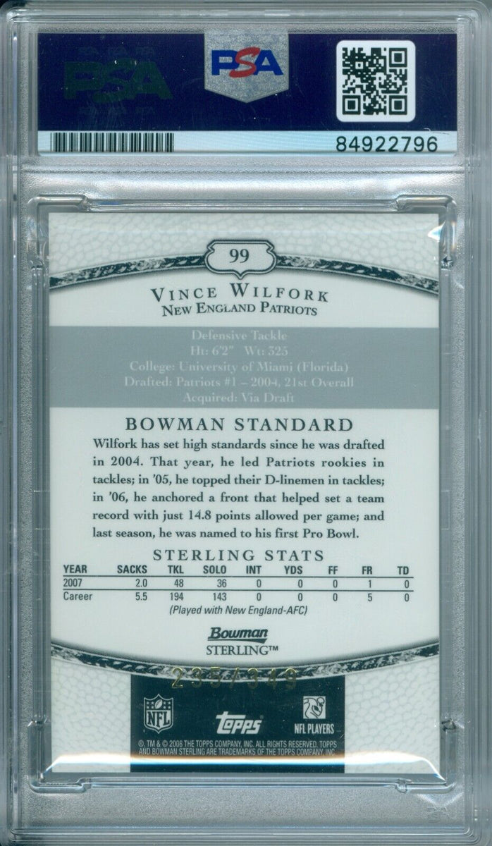 Vince Wilfork 2008 Bowman Sterling Jersey Green #/249 PSA DNA Gem Mint –  LTDSports