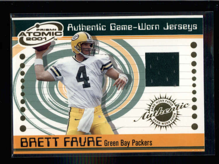 BRETT FAVRE 2001 PACIFIC ATOMIC PRIZM AUTHENTIC GAME WORN JERSEY AC124 –  LTDSports