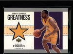 DEREK FISHER 2002/03 UD AUTHENTICS UNIFORM GREATNESS LAKERS GAME JERSEY AB8758