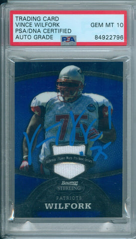 Vince Wilfork 2008 Bowman Sterling Jersey Blue #/349 PSA DNA Gem Mint 10 Auto