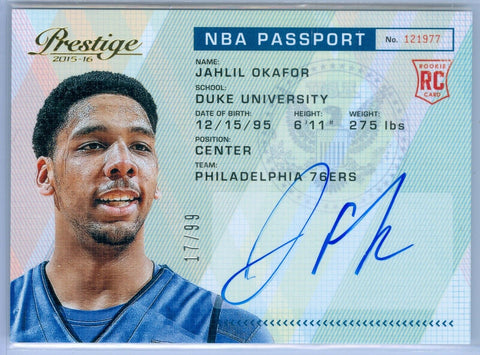 JAHLIL OKAFOR 2015-16 PRESTIGE NBA PASSPORT RC ROOKIE AUTO AUTOGRAPH SP/99